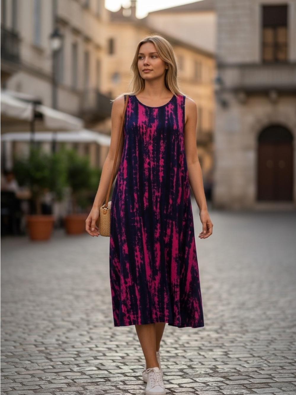 LuLaRoe Sleeveless Fuchsia and Navy Tie-Dye Midi Dress